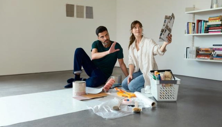 Jovem casal com amostras de cores em uma sala vazia - um sonho que ganha forma graças a um crédito pessoal